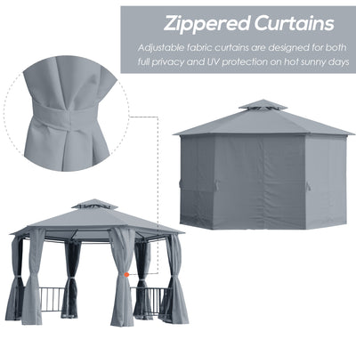 Outsunny 3 x 3(m) Hexagon Gazebo Patio Canopy Party Tent Outdoor Garden Shelter w/ 2 Tier Roof & Side Panel - Grey 