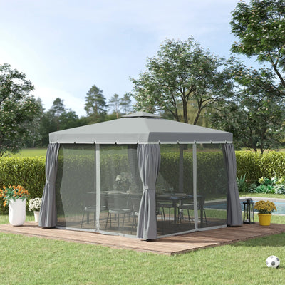 Outsunny 3 x 3(m) Patio Gazebo Canopy Garden Pavilion Tent Shelter Marquee with 2 Tier Water Repellent Roof, Mosquito Netting and Curtains, Aluminium Frame, Dark Grey 