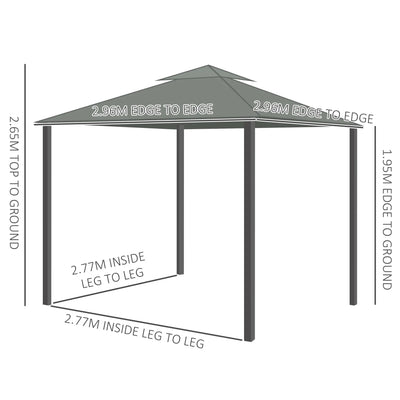 Outsunny 3 x 3(m) Patio Gazebo Canopy Garden Pavilion Tent Shelter Marquee with 2 Tier Water Repellent Roof, Mosquito Netting and Curtains, Aluminium Frame, Dark Grey 