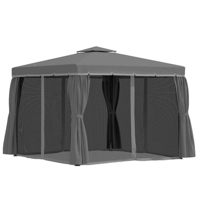 Outsunny 3 x 3(m) Patio Gazebo Canopy Garden Pavilion Tent Shelter Marquee with 2 Tier Water Repellent Roof, Mosquito Netting and Curtains, Aluminium Frame, Dark Grey 
