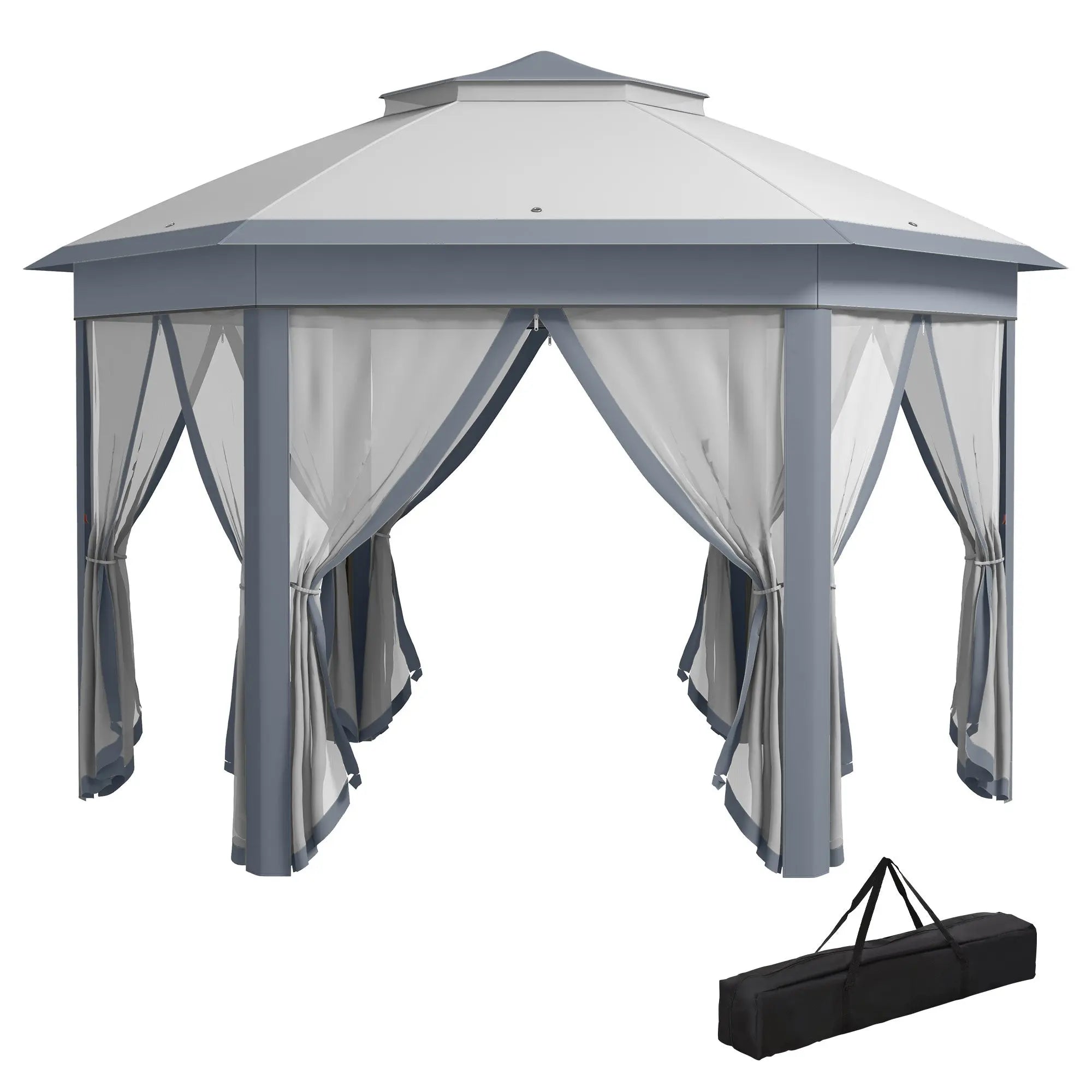 Outsunny 3 x 4m Metal Frame Hexagon Gazebo, with Curtains - Grey 