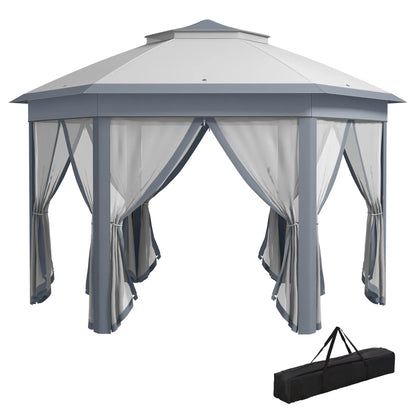 Outsunny 3 x 4m Metal Frame Hexagon Gazebo, with Curtains - Grey 