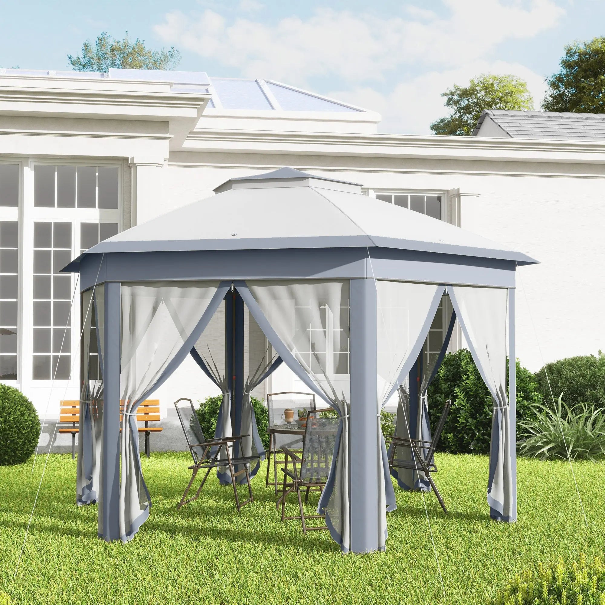 Outsunny 3 x 4m Metal Frame Hexagon Gazebo, with Curtains - Grey 