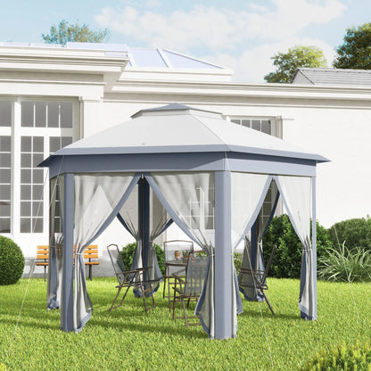 Outsunny 3 x 4m Metal Frame Hexagon Gazebo, with Curtains - Grey 
