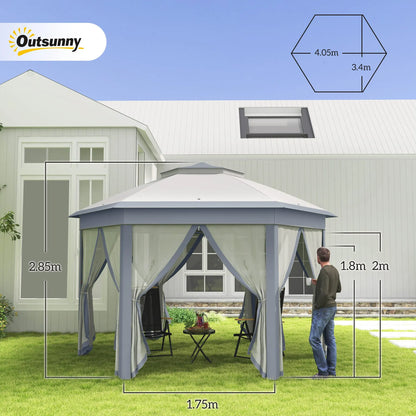 Outsunny 3 x 4m Metal Frame Hexagon Gazebo, with Curtains - Grey 