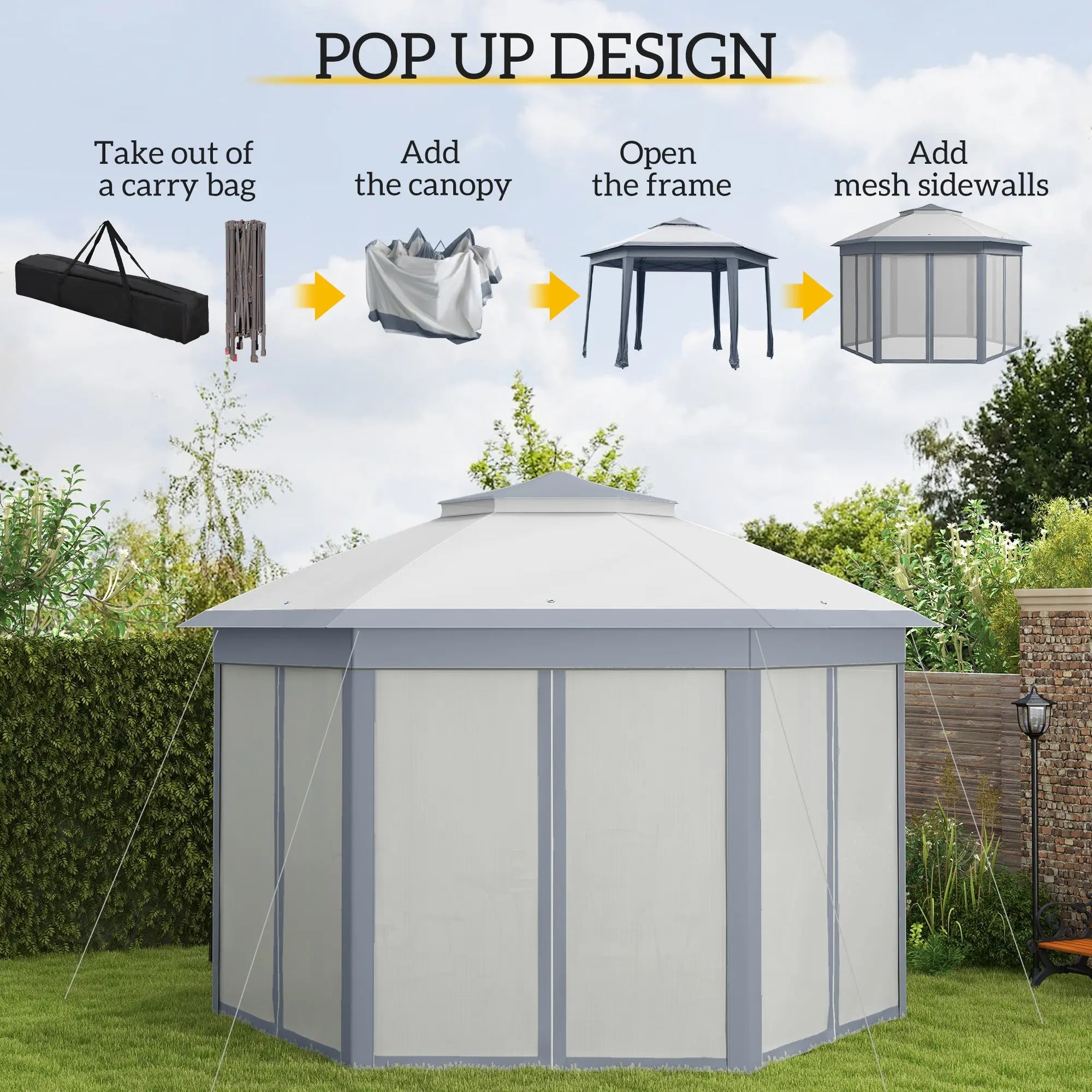 Outsunny 3 x 4m Metal Frame Hexagon Gazebo, with Curtains - Grey 