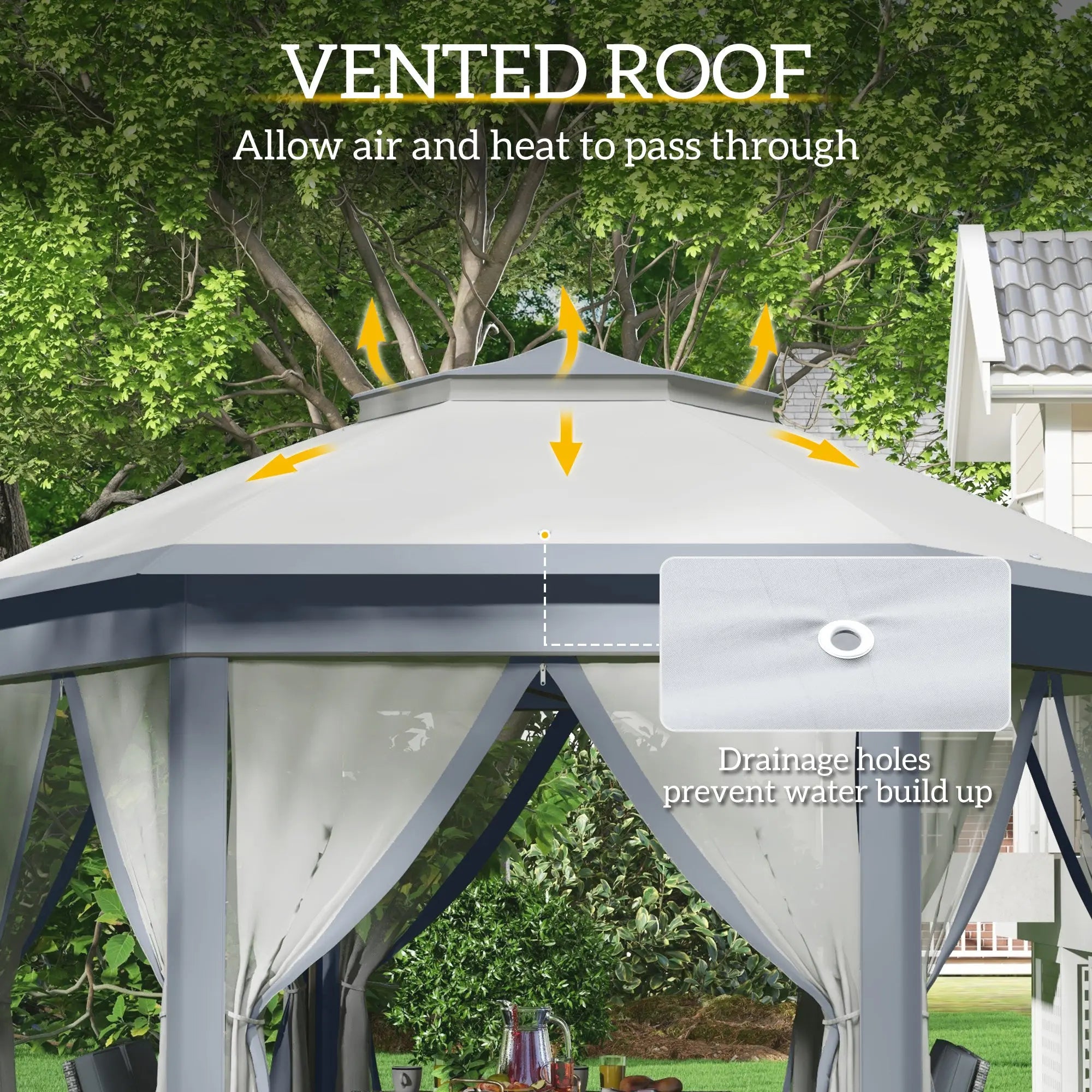 Outsunny 3 x 4m Metal Frame Hexagon Gazebo, with Curtains - Grey 