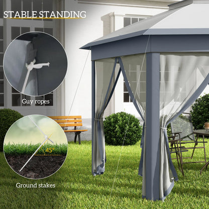 Outsunny 3 x 4m Metal Frame Hexagon Gazebo, with Curtains - Grey 
