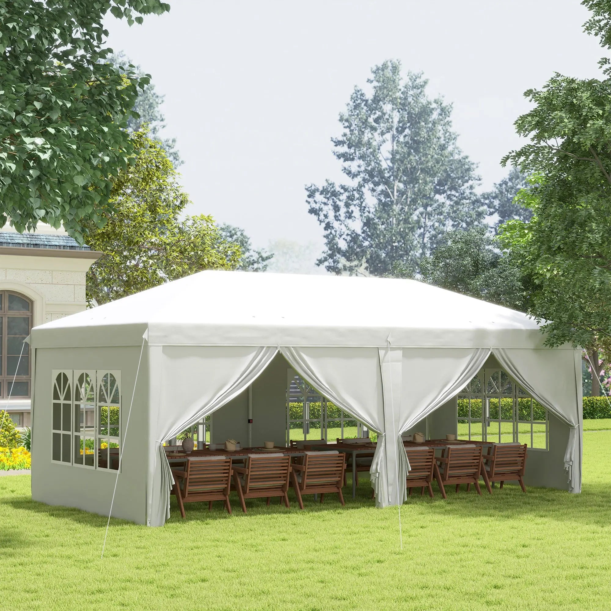 Outsunny 3 x 6 m Garden Pop Up Gazebo, Wedding Party Tent Marquee, Water Resistant Awning Canopy with Sidewalls, Windows, Carry Bag, White 