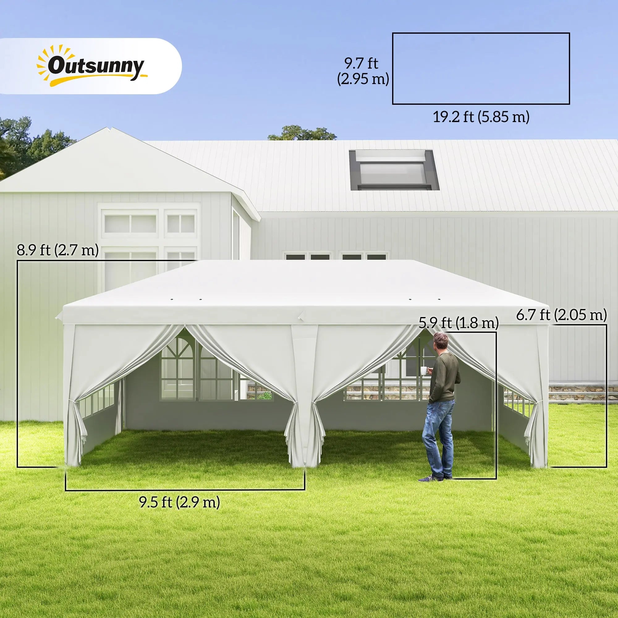Outsunny 3 x 6 m Garden Pop Up Gazebo, Wedding Party Tent Marquee, Water Resistant Awning Canopy with Sidewalls, Windows, Carry Bag, White 