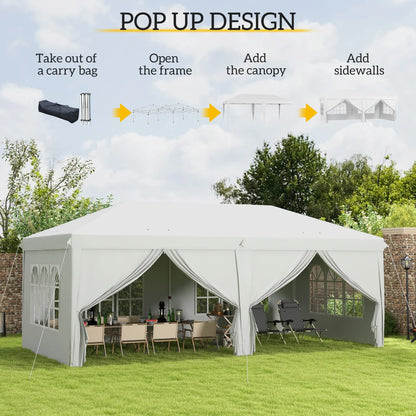 Outsunny 3 x 6 m Garden Pop Up Gazebo, Wedding Party Tent Marquee, Water Resistant Awning Canopy with Sidewalls, Windows, Carry Bag, White 