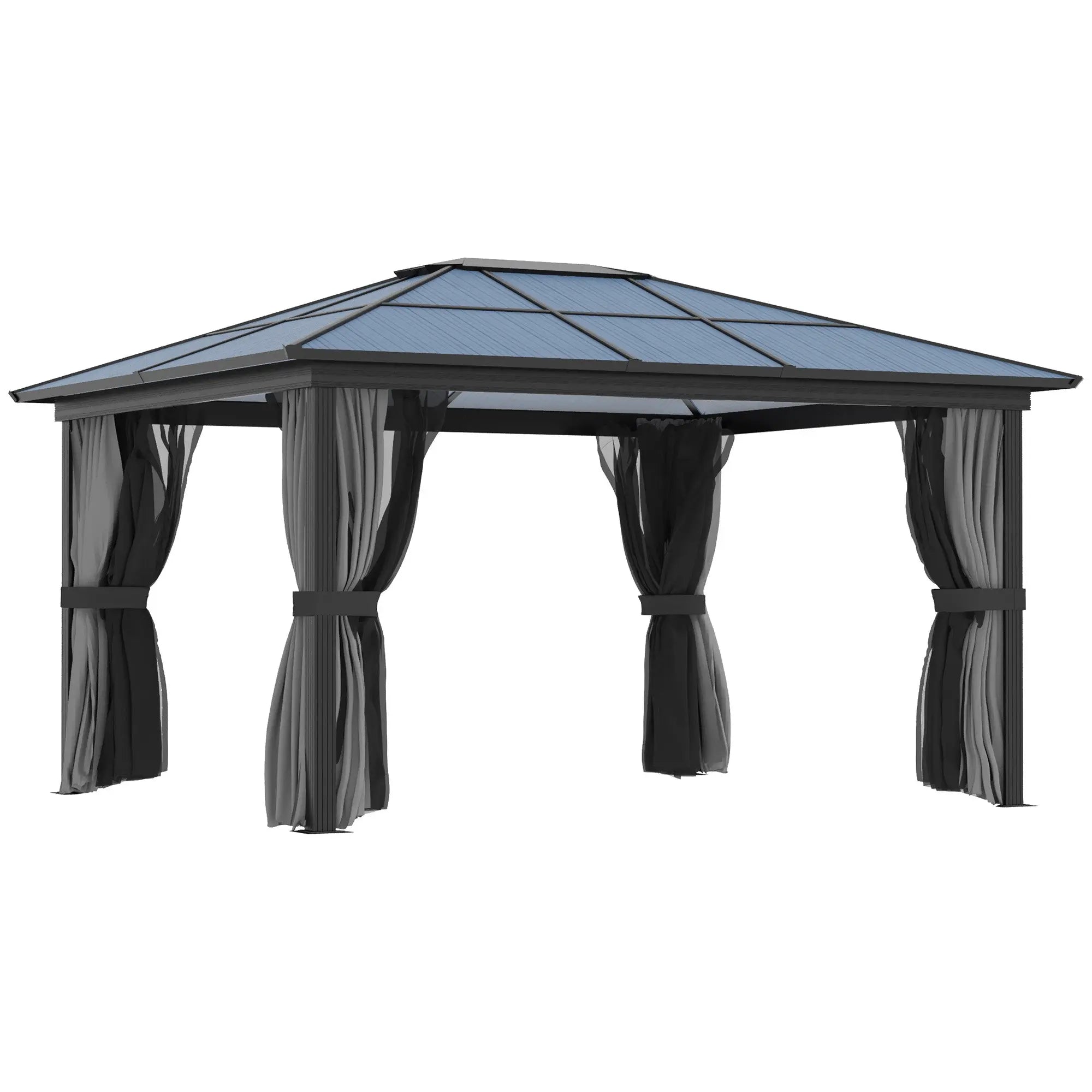 Outsunny 3.6 x 4m Hardtop Gazebo Canopy with Polycarbonate Roof, Aluminium Frame, Permanent Pavilion Garden Gazebo with Netting and Curtains for Patio, Deck, Dark Grey 
