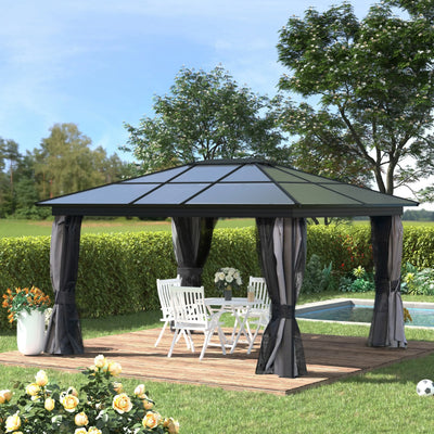 Outsunny 3.6 x 4m Hardtop Gazebo Canopy with Polycarbonate Roof, Aluminium Frame, Permanent Pavilion Garden Gazebo with Netting and Curtains for Patio, Deck, Dark Grey 