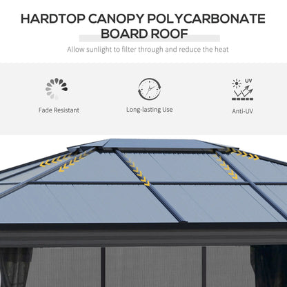 Outsunny 3.6 x 4m Hardtop Gazebo Canopy with Polycarbonate Roof, Aluminium Frame, Permanent Pavilion Garden Gazebo with Netting and Curtains for Patio, Deck, Dark Grey 
