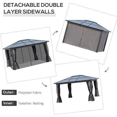 Outsunny 3.6 x 4m Hardtop Gazebo Canopy with Polycarbonate Roof, Aluminium Frame, Permanent Pavilion Garden Gazebo with Netting and Curtains for Patio, Deck, Dark Grey 