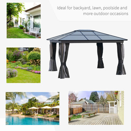 Outsunny 3.6 x 4m Hardtop Gazebo Canopy with Polycarbonate Roof, Aluminium Frame, Permanent Pavilion Garden Gazebo with Netting and Curtains for Patio, Deck, Dark Grey 