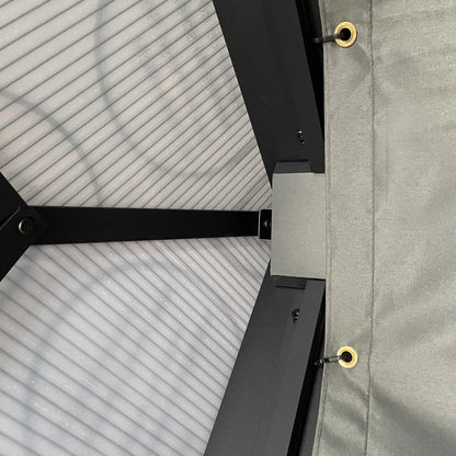 Outsunny 3.6 x 4m Hardtop Gazebo Canopy with Polycarbonate Roof, Aluminium Frame, Permanent Pavilion Garden Gazebo with Netting and Curtains for Patio, Deck, Dark Grey 