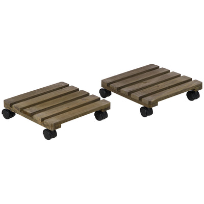 Outsunny 30L x 30W x 7Hcm 2 Pack Plant Stand with Wheels, Flowerpot Holder, Wooden Flower Display Stand for Indoor Outdoor Living Room Entryway 