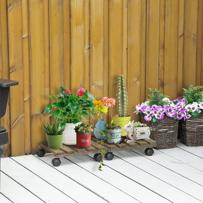 Outsunny 30L x 30W x 7Hcm 2 Pack Plant Stand with Wheels, Flowerpot Holder, Wooden Flower Display Stand for Indoor Outdoor Living Room Entryway 