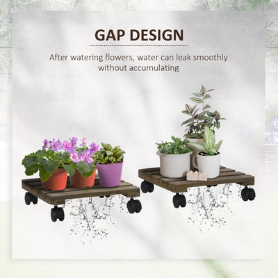 Outsunny 30L x 30W x 7Hcm 2 Pack Plant Stand with Wheels, Flowerpot Holder, Wooden Flower Display Stand for Indoor Outdoor Living Room Entryway 