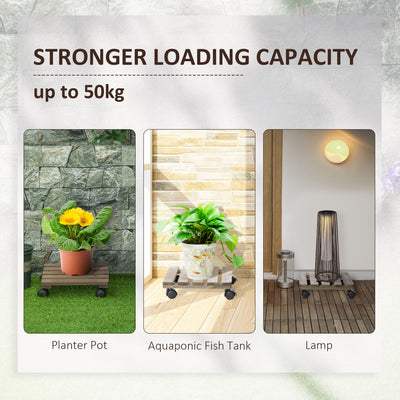 Outsunny 30L x 30W x 7Hcm 2 Pack Plant Stand with Wheels, Flowerpot Holder, Wooden Flower Display Stand for Indoor Outdoor Living Room Entryway 