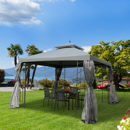 Outsunny 3(M)x3(M) Garden Gazebo Double Top Outdoor Canopy Patio Event Party Wedding Tent Backyard Sun Shade with Netting - Grey 