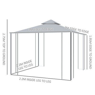 Outsunny 3(M)x3(M) Garden Gazebo Double Top Outdoor Canopy Patio Event Party Wedding Tent Backyard Sun Shade with Netting - Grey 