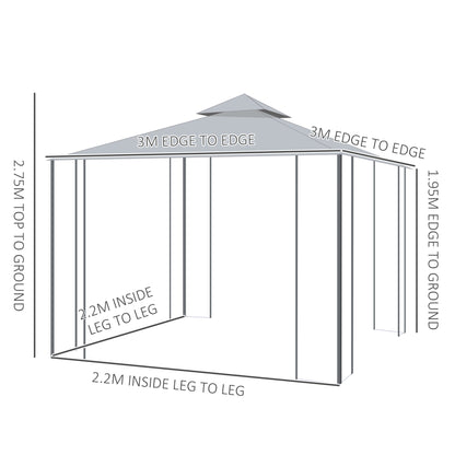 Outsunny 3(M)x3(M) Garden Gazebo Double Top Outdoor Canopy Patio Event Party Wedding Tent Backyard Sun Shade with Netting - Grey 