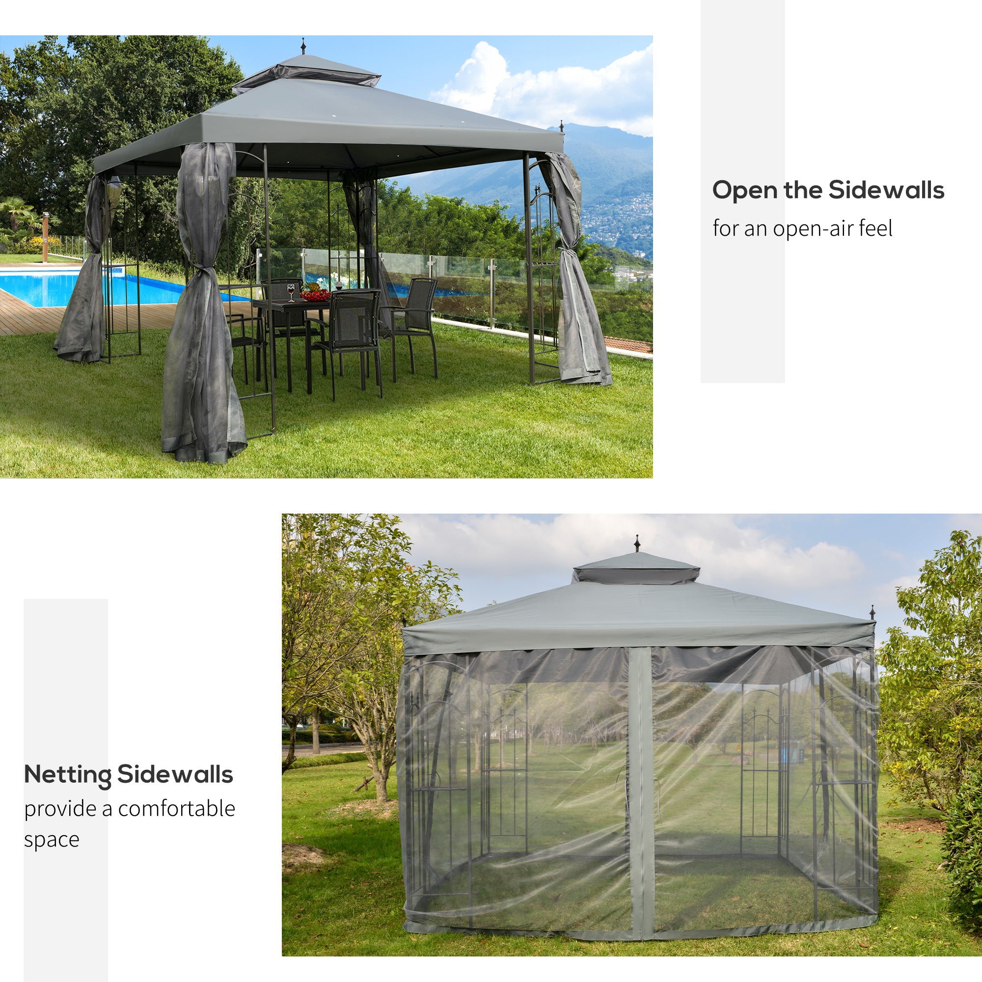 Outsunny 3(M)x3(M) Garden Gazebo Double Top Outdoor Canopy Patio Event Party Wedding Tent Backyard Sun Shade with Netting - Grey 