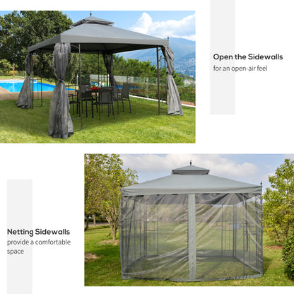 Outsunny 3(M)x3(M) Garden Gazebo Double Top Outdoor Canopy Patio Event Party Wedding Tent Backyard Sun Shade with Netting - Grey 