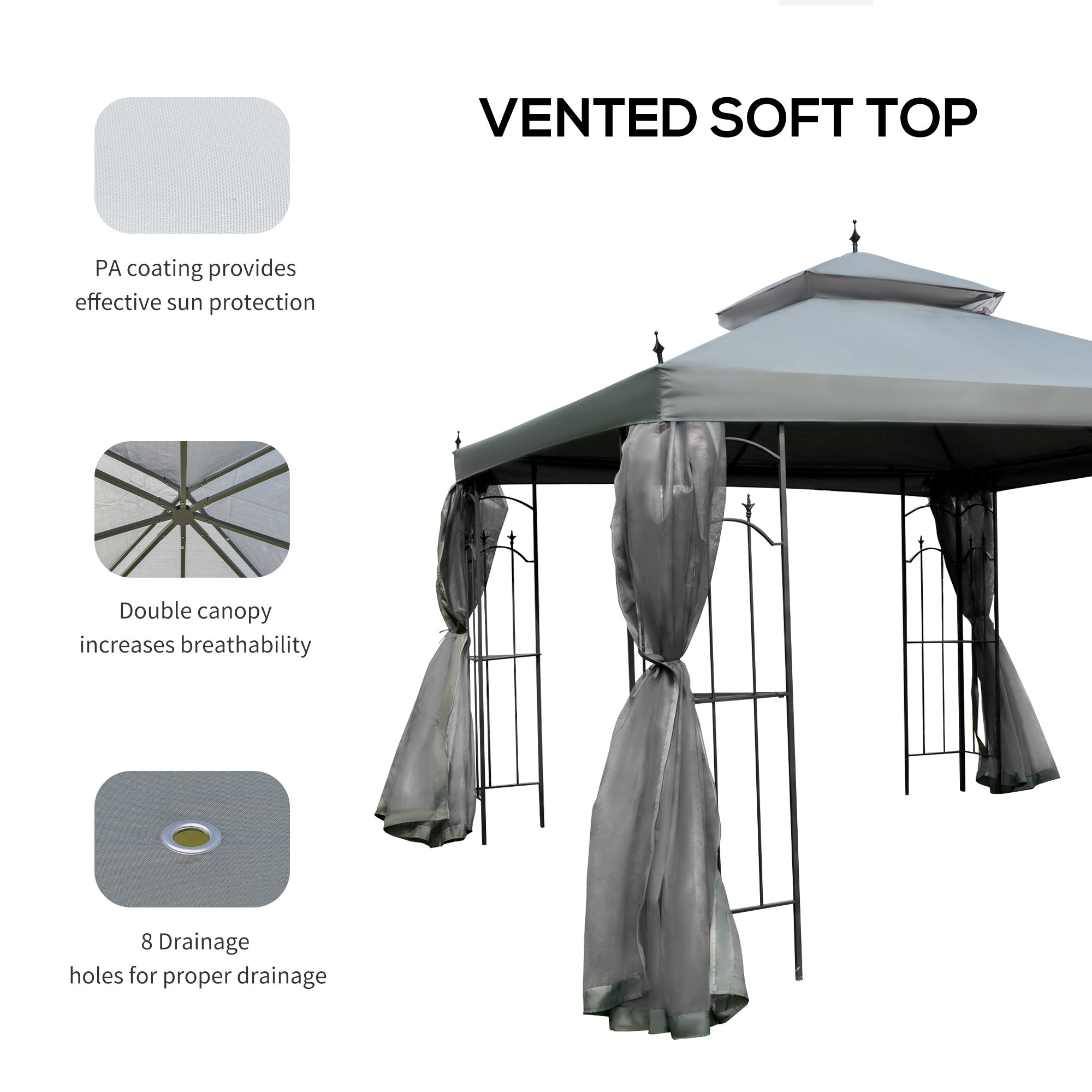 Outsunny 3(M)x3(M) Garden Gazebo Double Top Outdoor Canopy Patio Event Party Wedding Tent Backyard Sun Shade with Netting - Grey 