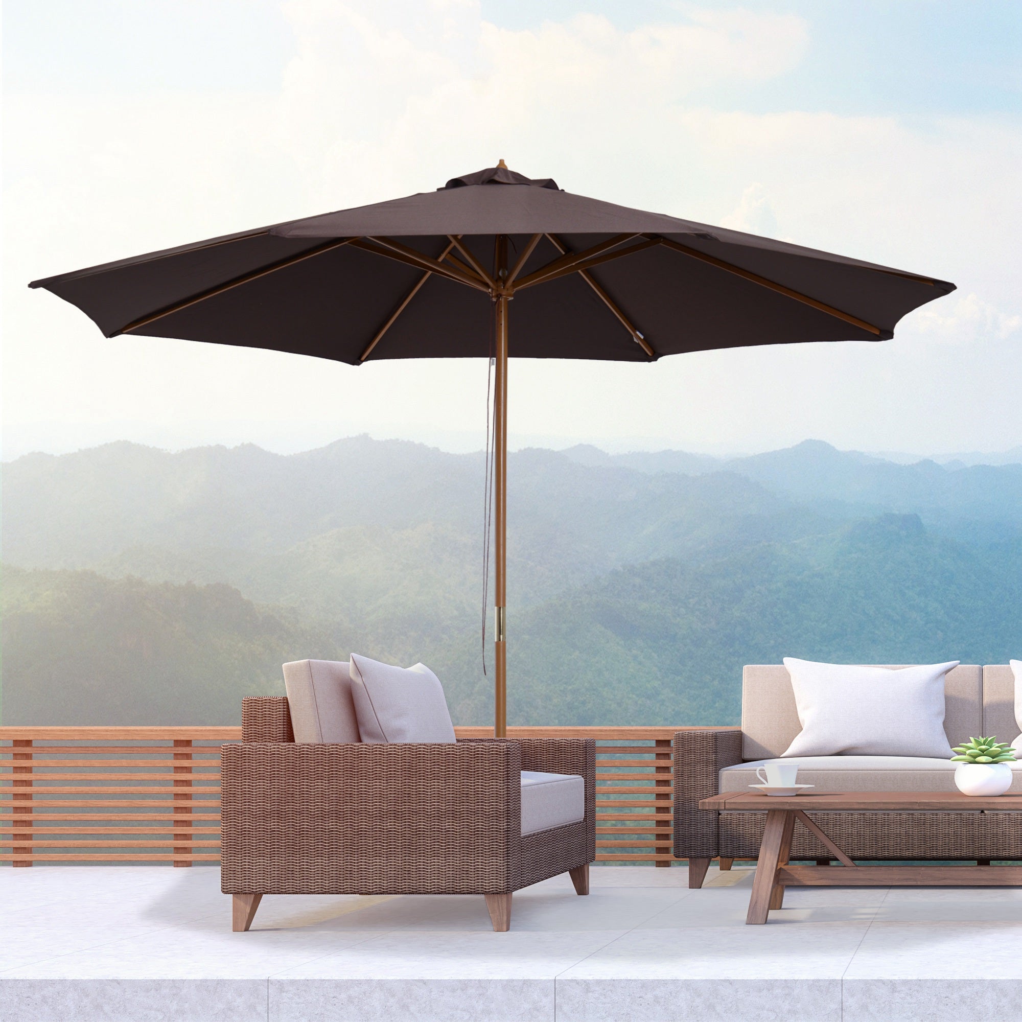Outsunny 3(m) Garden Parasol, Pulley Operated Patio Umbrella, Wooden Parasol, Table Market Umbrella with Rope Pulley Mechanism and 8 Ribs, Coffee 
