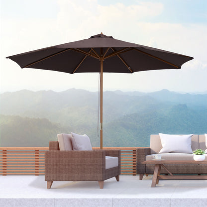 Outsunny 3(m) Garden Parasol, Pulley Operated Patio Umbrella, Wooden Parasol, Table Market Umbrella with Rope Pulley Mechanism and 8 Ribs, Coffee 