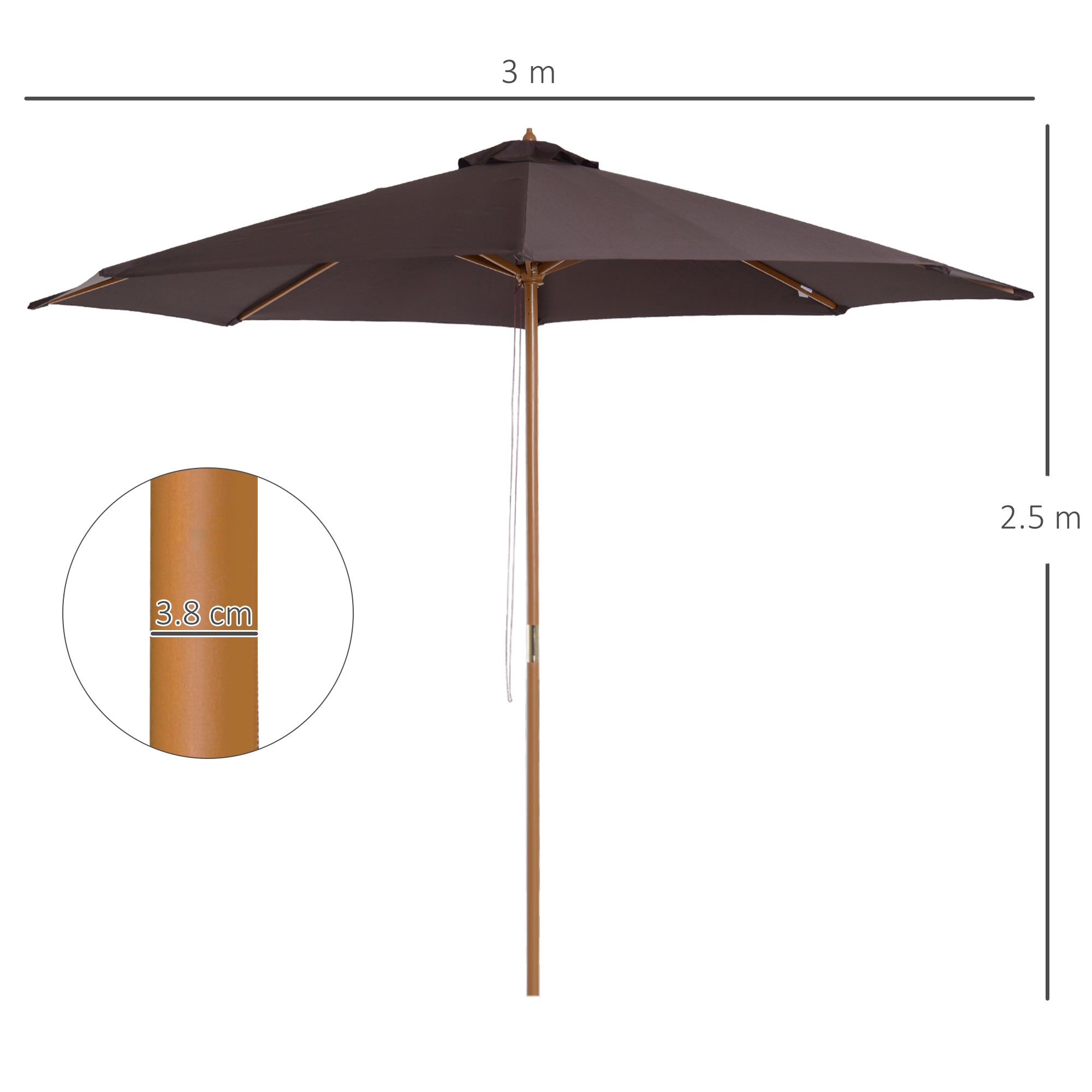 Outsunny 3(m) Garden Parasol, Pulley Operated Patio Umbrella, Wooden Parasol, Table Market Umbrella with Rope Pulley Mechanism and 8 Ribs, Coffee 
