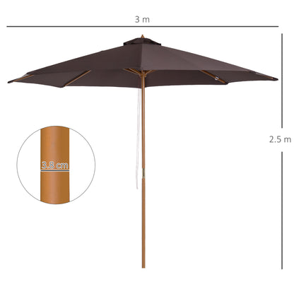 Outsunny 3(m) Garden Parasol, Pulley Operated Patio Umbrella, Wooden Parasol, Table Market Umbrella with Rope Pulley Mechanism and 8 Ribs, Coffee 