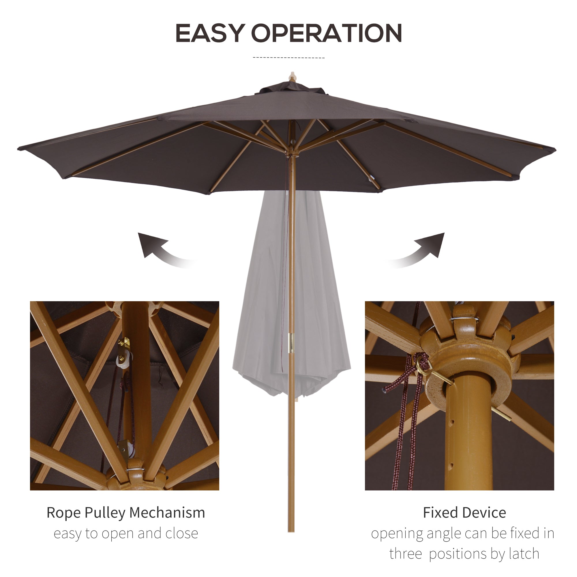Outsunny 3(m) Garden Parasol, Pulley Operated Patio Umbrella, Wooden Parasol, Table Market Umbrella with Rope Pulley Mechanism and 8 Ribs, Coffee 