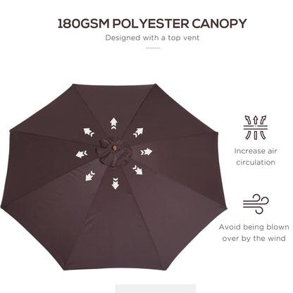 Outsunny 3(m) Garden Parasol, Pulley Operated Patio Umbrella, Wooden Parasol, Table Market Umbrella with Rope Pulley Mechanism and 8 Ribs, Coffee 