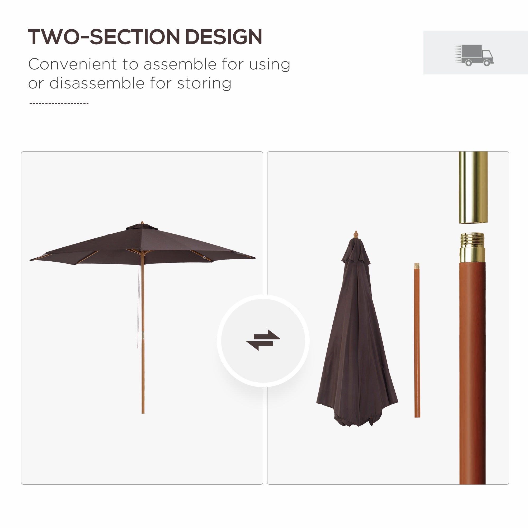 Outsunny 3(m) Garden Parasol, Pulley Operated Patio Umbrella, Wooden Parasol, Table Market Umbrella with Rope Pulley Mechanism and 8 Ribs, Coffee 