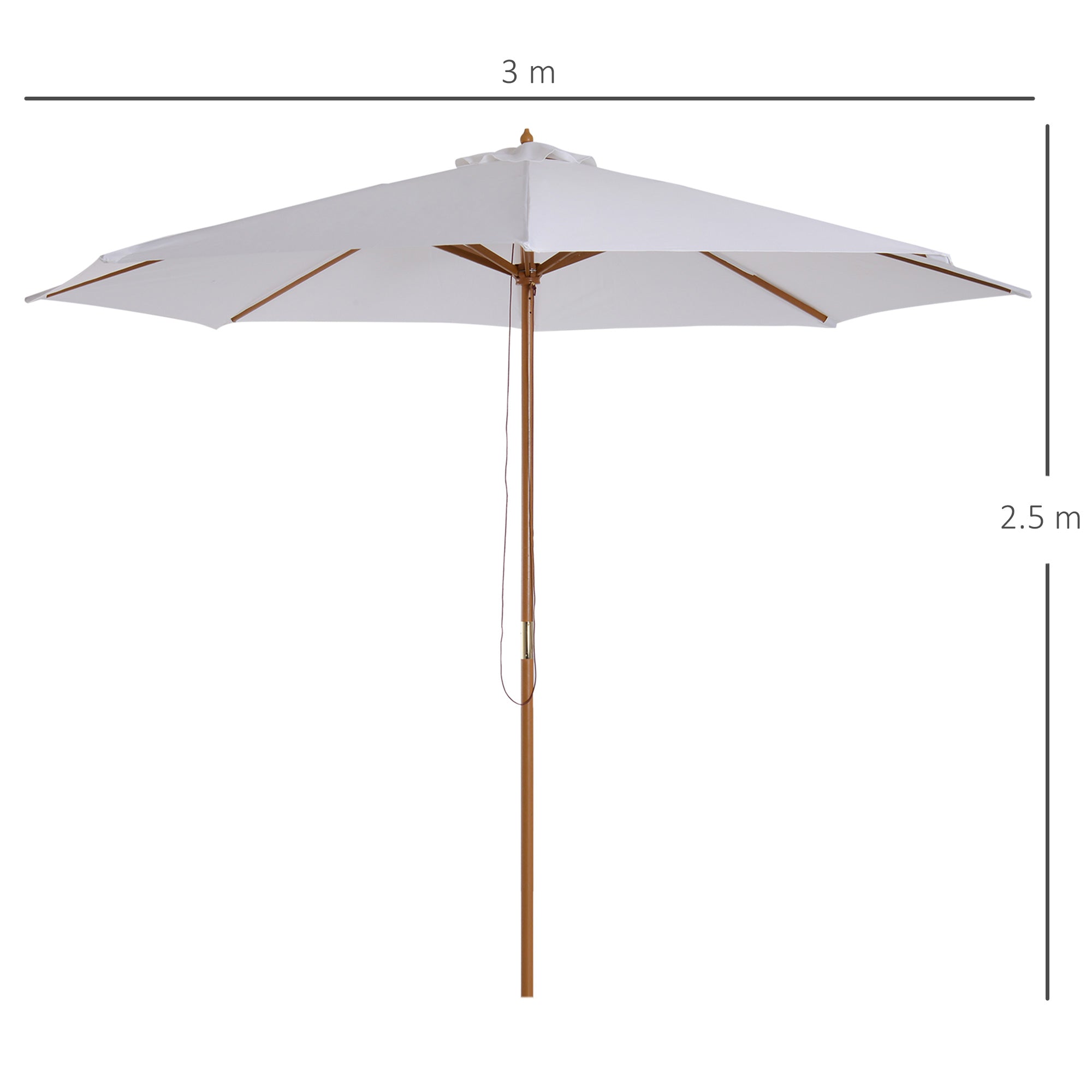 Outsunny 3(m) Garden Parasol, Pulley Operated Patio Umbrella, Wooden Table Market Umbrella with Rope Pulley Mechanism and 8 Ribs, Cream White 