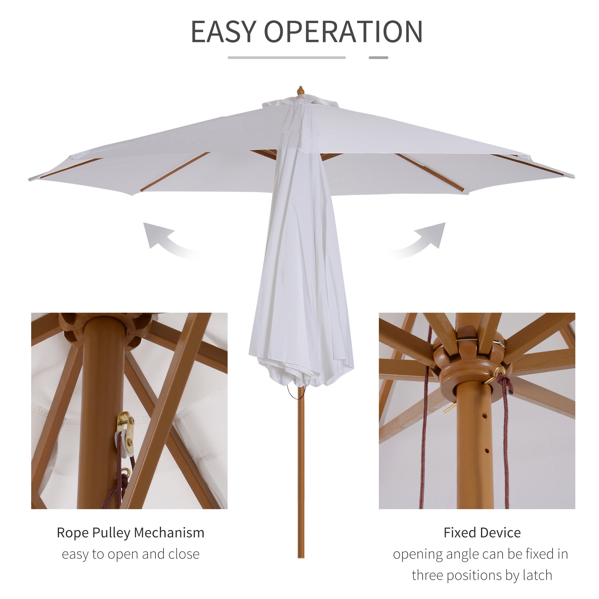 Outsunny 3(m) Garden Parasol, Pulley Operated Patio Umbrella, Wooden Table Market Umbrella with Rope Pulley Mechanism and 8 Ribs, Cream White 
