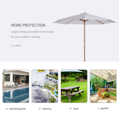 Outsunny 3(m) Garden Parasol, Pulley Operated Patio Umbrella, Wooden Table Market Umbrella with Rope Pulley Mechanism and 8 Ribs, Cream White 