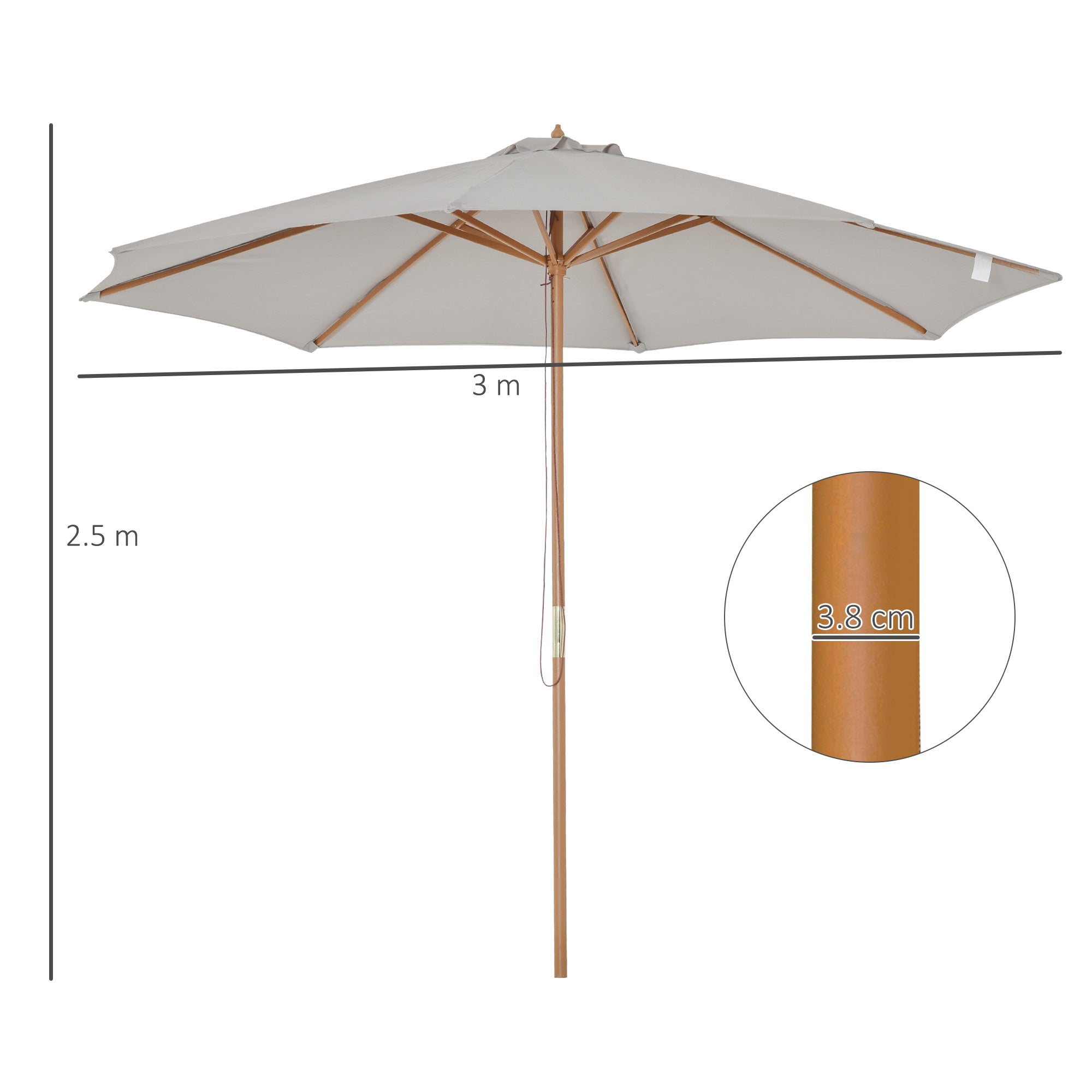 Outsunny 3(m) Garden Parasol, Pulley Operated Patio Umbrella, Wooden Table Market Umbrella with Rope Pulley Mechanism and 8 Ribs, Grey 