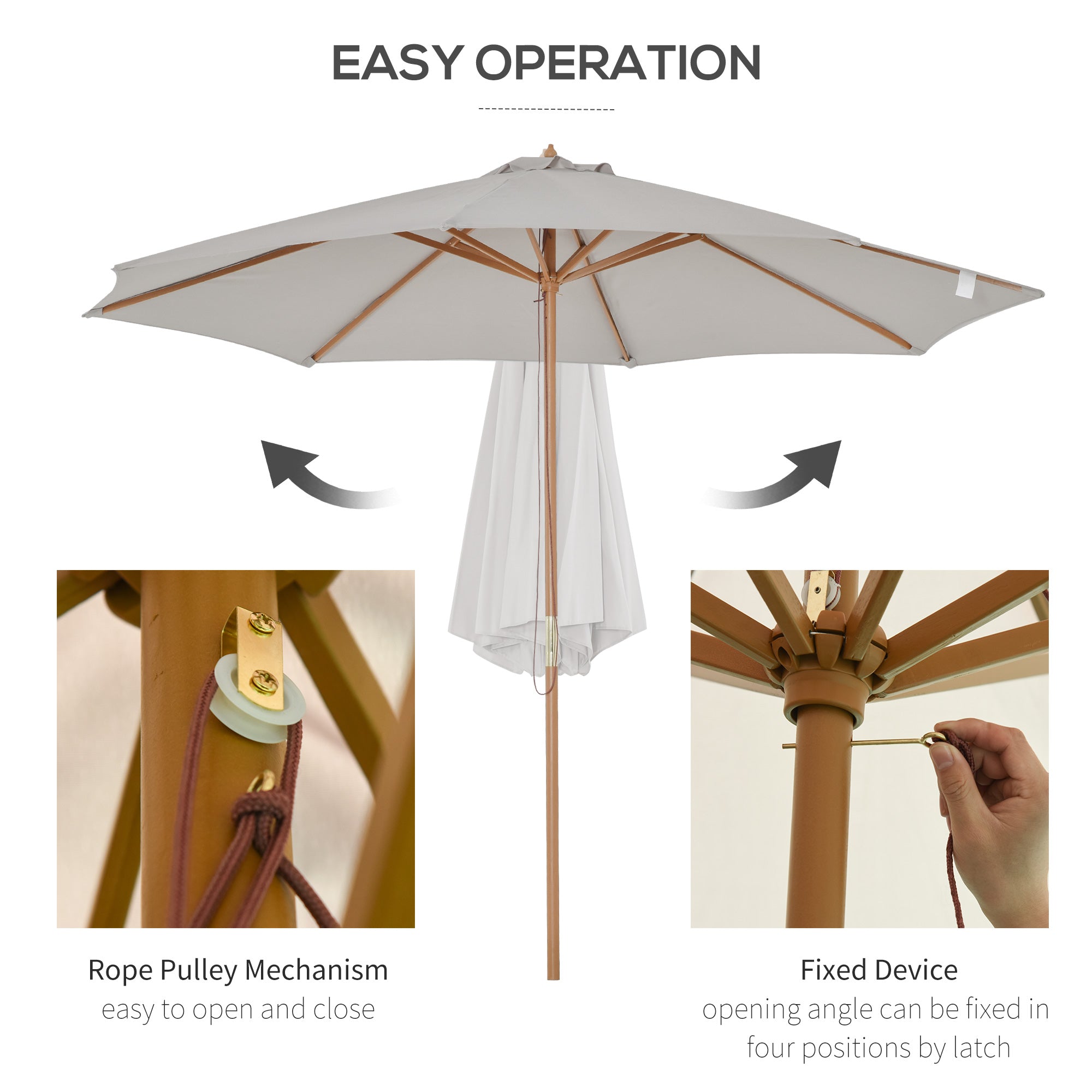 Outsunny 3(m) Garden Parasol, Pulley Operated Patio Umbrella, Wooden Table Market Umbrella with Rope Pulley Mechanism and 8 Ribs, Grey 