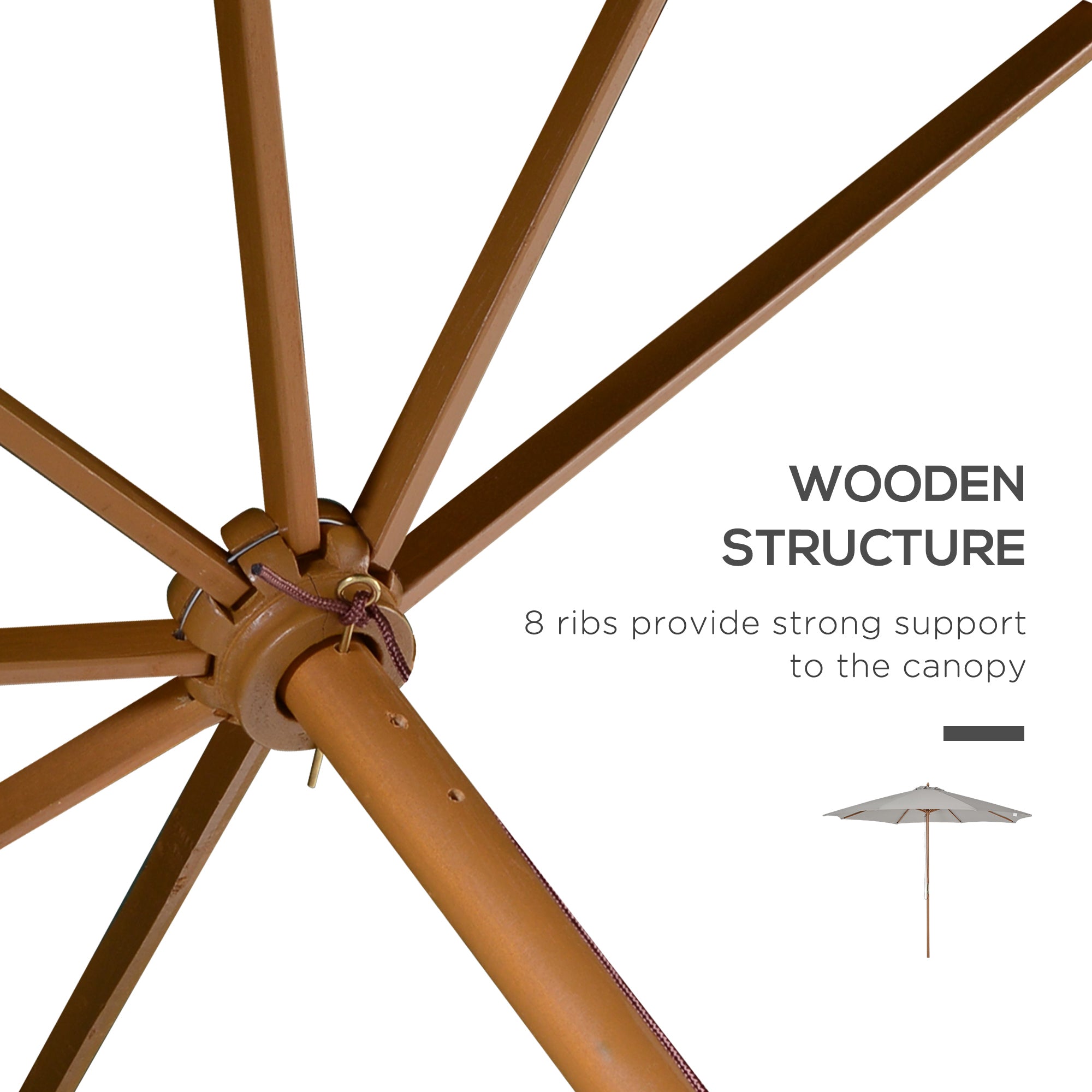 Outsunny 3(m) Garden Parasol, Pulley Operated Patio Umbrella, Wooden Table Market Umbrella with Rope Pulley Mechanism and 8 Ribs, Grey 