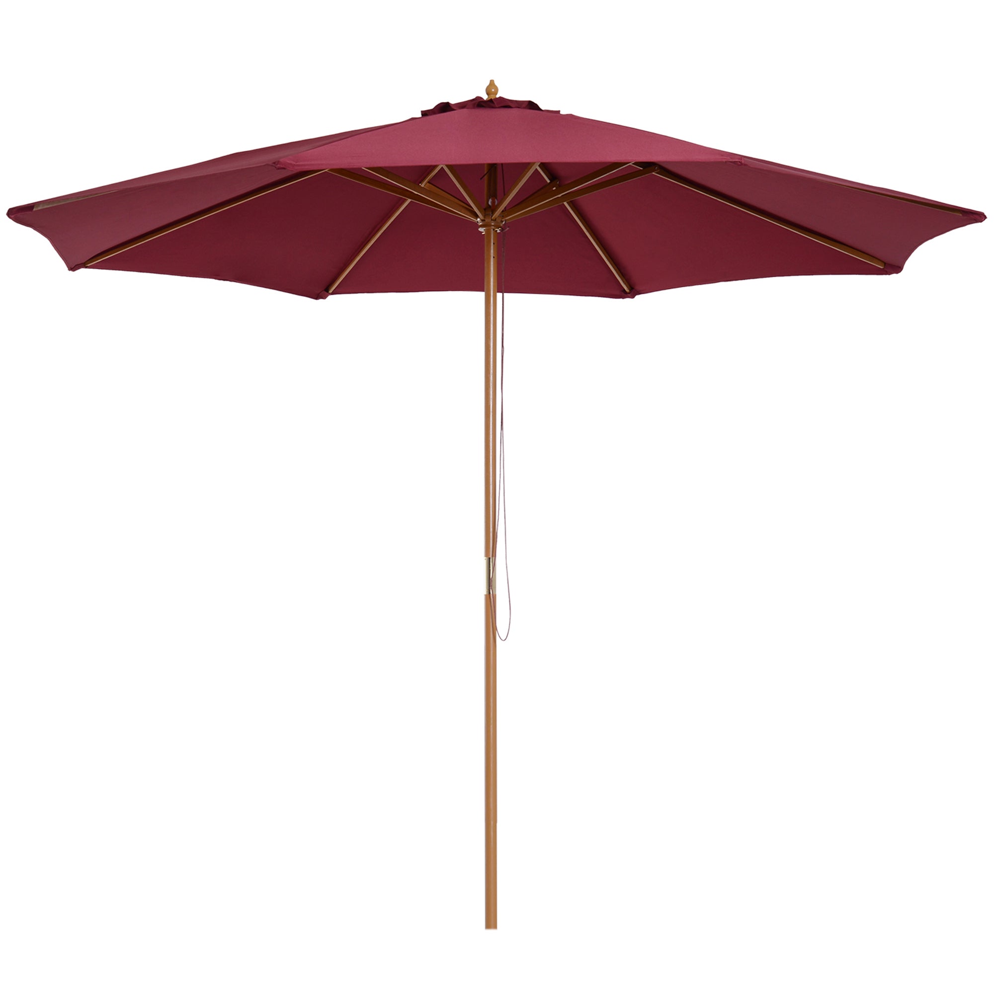 Outsunny 3(m) Garden Parasol, Pulley Operated Patio Umbrella, Wooden Table Market Umbrella with Rope Pulley Mechanism and 8 Ribs, Wine Red 