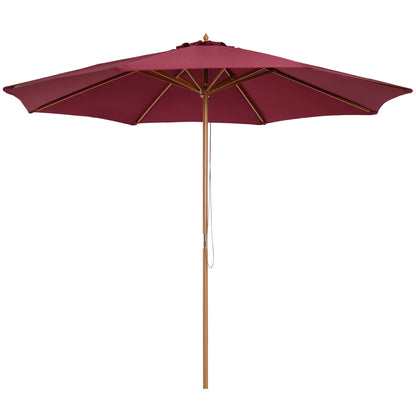 Outsunny 3(m) Garden Parasol, Pulley Operated Patio Umbrella, Wooden Table Market Umbrella with Rope Pulley Mechanism and 8 Ribs, Wine Red 