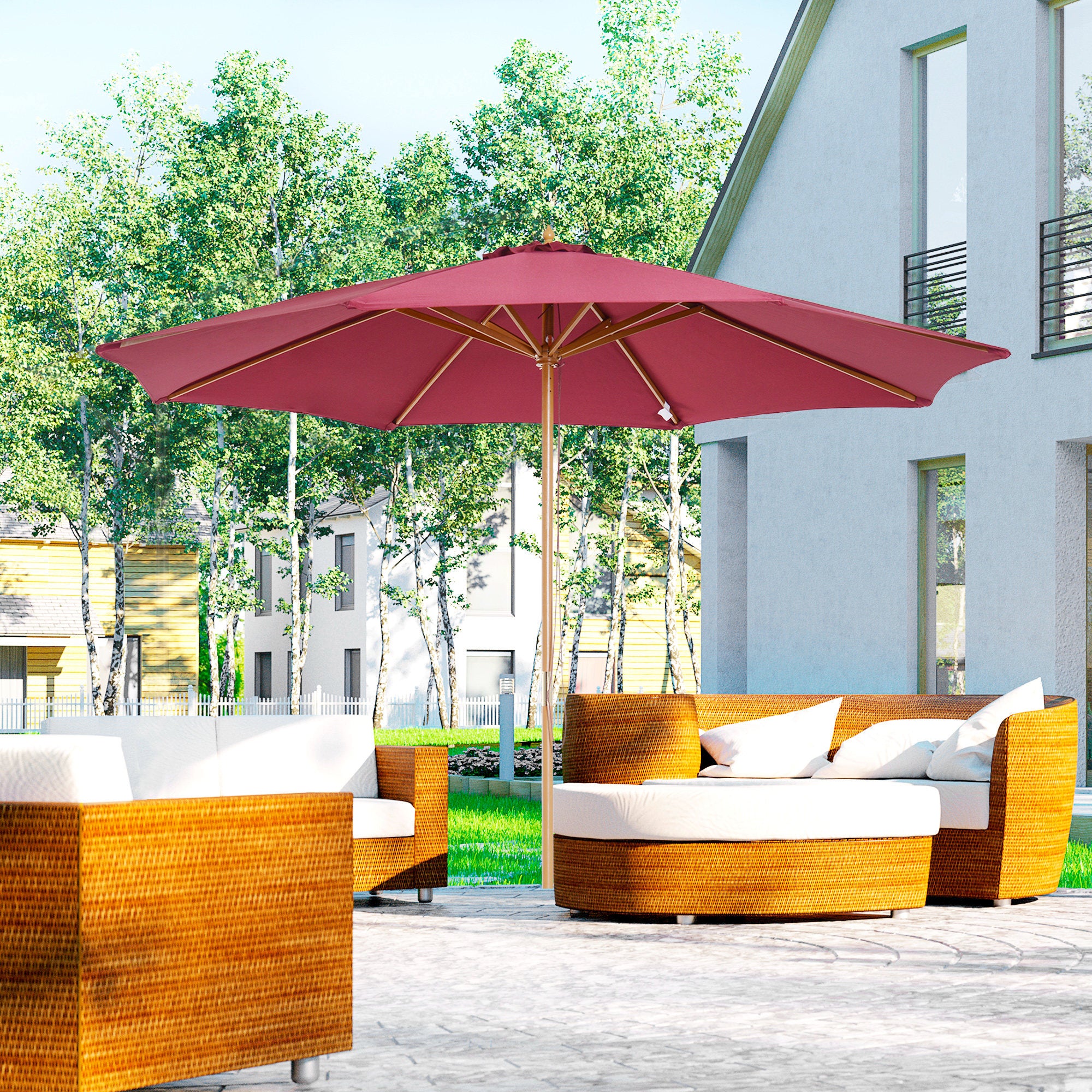 Outsunny 3(m) Garden Parasol, Pulley Operated Patio Umbrella, Wooden Table Market Umbrella with Rope Pulley Mechanism and 8 Ribs, Wine Red 