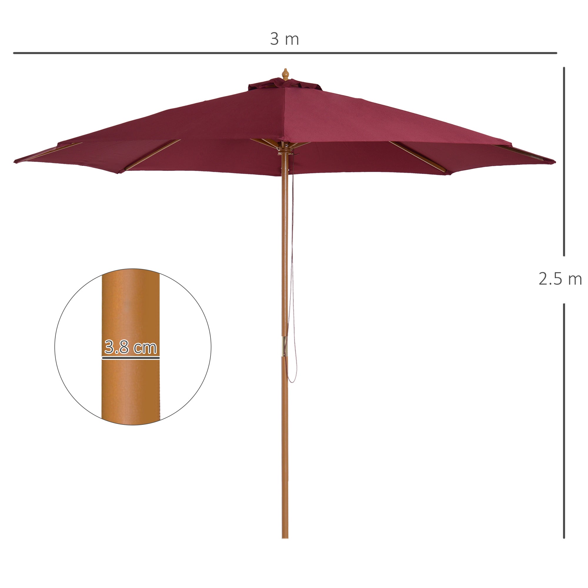 Outsunny 3(m) Garden Parasol, Pulley Operated Patio Umbrella, Wooden Table Market Umbrella with Rope Pulley Mechanism and 8 Ribs, Wine Red 