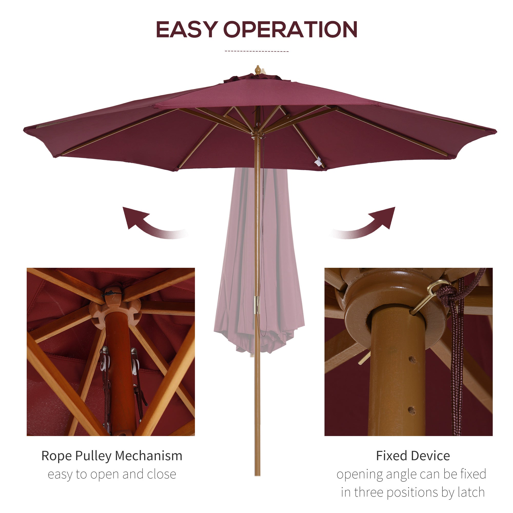 Outsunny 3(m) Garden Parasol, Pulley Operated Patio Umbrella, Wooden Table Market Umbrella with Rope Pulley Mechanism and 8 Ribs, Wine Red 