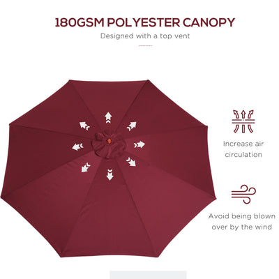 Outsunny 3(m) Garden Parasol, Pulley Operated Patio Umbrella, Wooden Table Market Umbrella with Rope Pulley Mechanism and 8 Ribs, Wine Red 